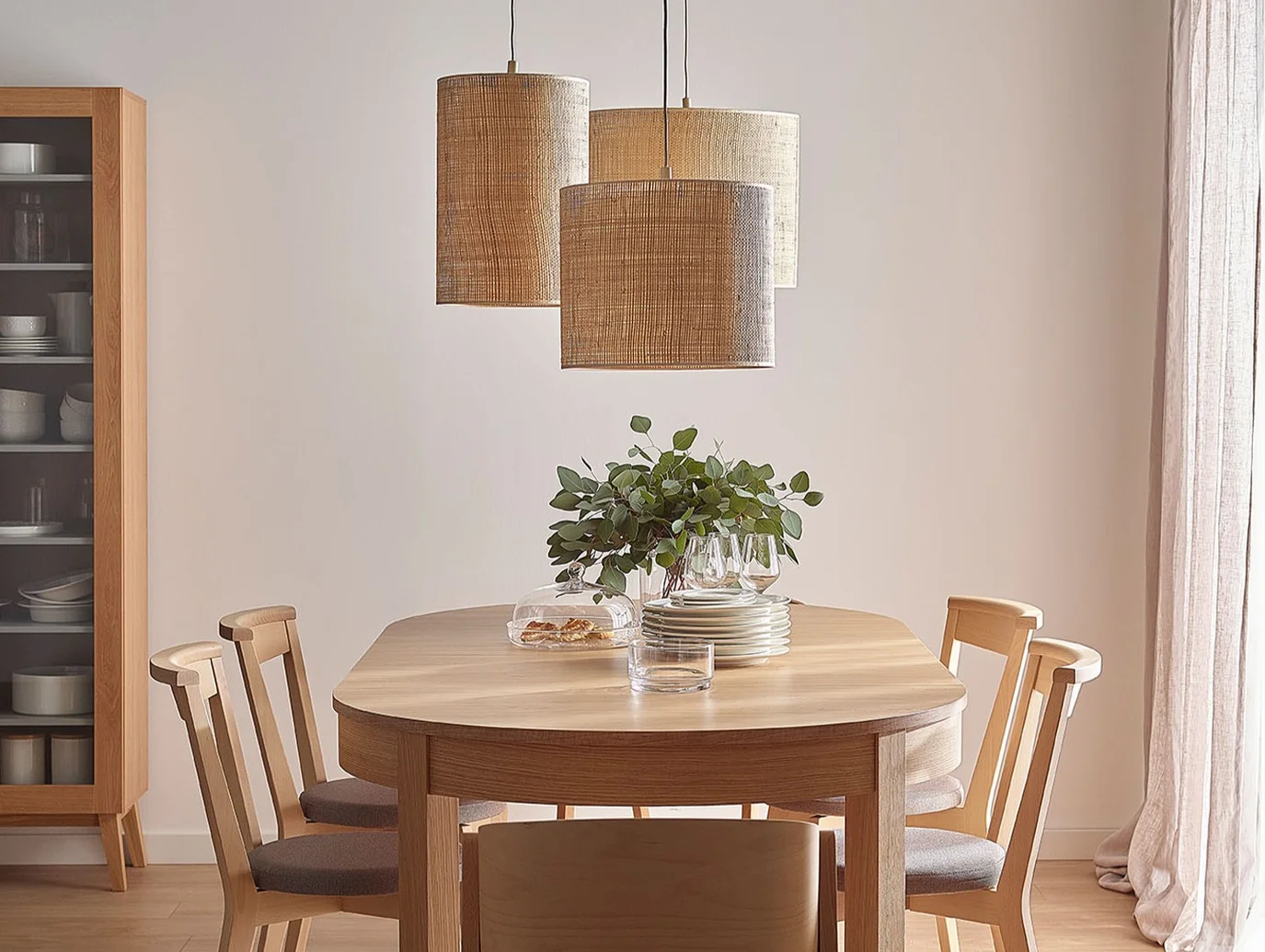 Zestaw lamp wiszących nad stołem z krzesłami